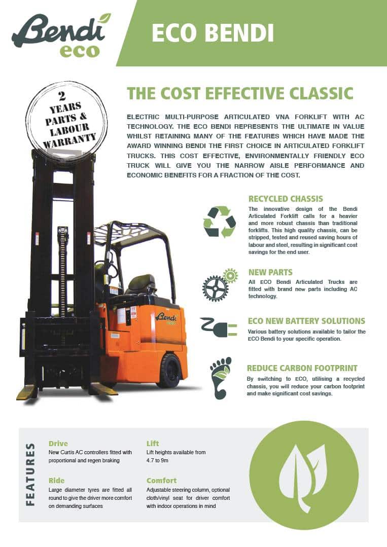 Brochure downloads for the Eco Bendi forklift showcase a sleek green and white design. Highlights include eco-friendly features, a recycled chassis, lift capabilities, and a 2-year warranty. Enjoy detailed text descriptions, images of the forklift, and logos in this comprehensive brochure.