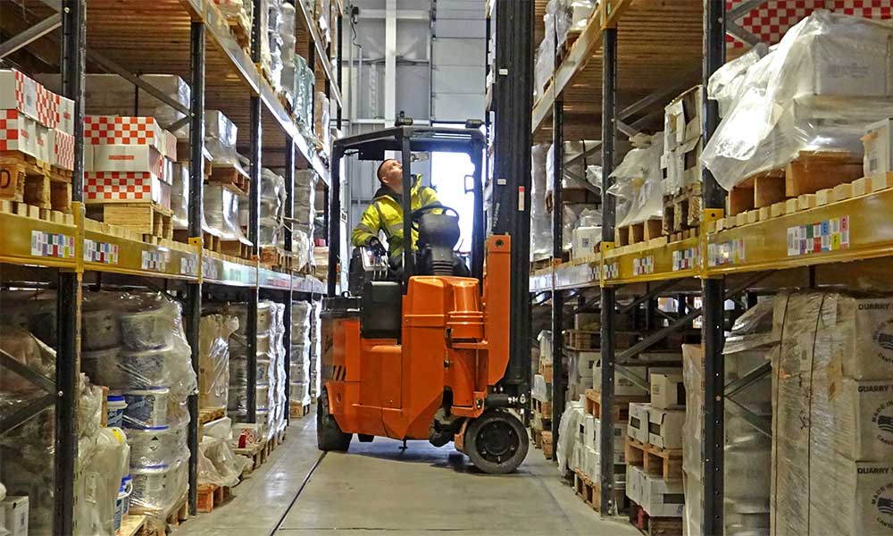 Narrow Aisle Forklift Truck in the Solus Ceramics Warehouse