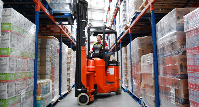 Bendi Articulated Forklift picking in a Narrow Aisle
