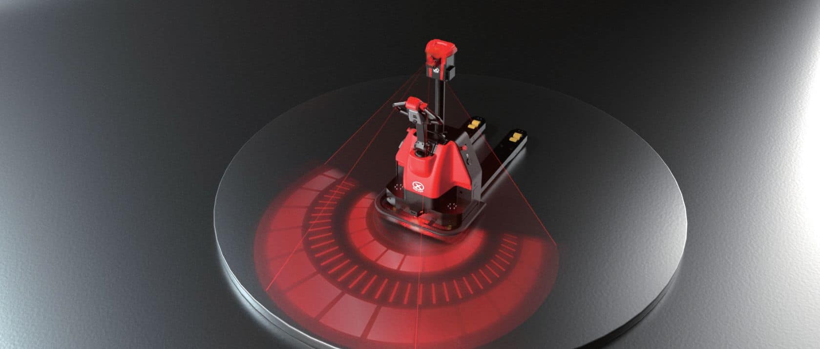 A futuristic red and black robotic device, known as the XP15, features a triangular structure atop a dark circular platform. Red lights and lines create a semi-circular digital interface beneath it, indicating its cutting-edge technology.