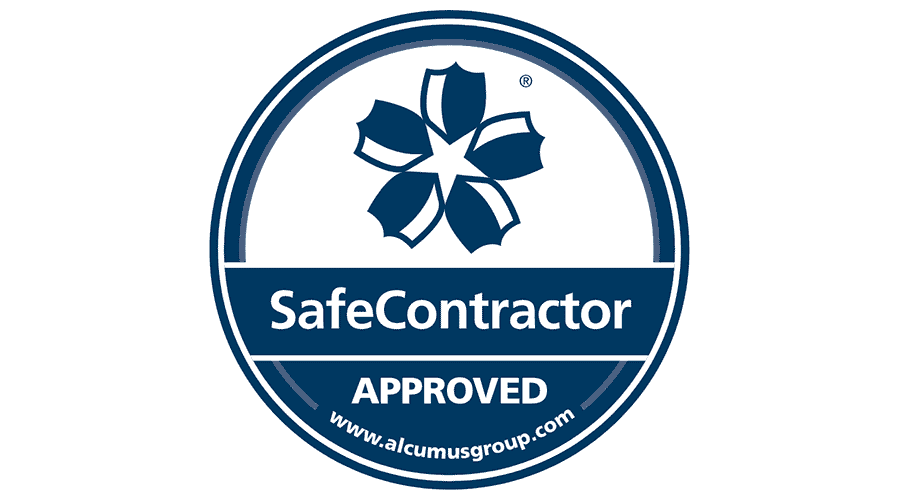 Logo of SafeContractor with a stylized blue flower emblem at the top. Below, a blue band reads "SafeContractor APPROVED" in white text, symbolizing trust for services like Forklift Truck Hire. The website www.alcumusgroup.com is displayed at the bottom.