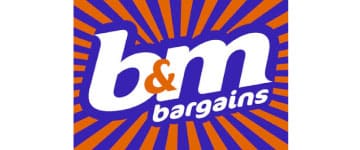 The B&M logo features bold white and orange letters, set against a purple background with striking orange radial stripes that capture the essence of bargains.
