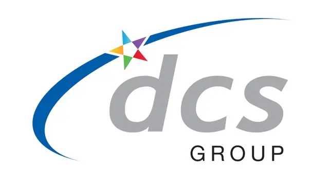 The logo of DCS Group UK showcases the letters dcs in gray with GROUP in a smaller font beneath. A blue swoosh elegantly encircles the top and left side, culminating in a vibrant star with five colorful points.