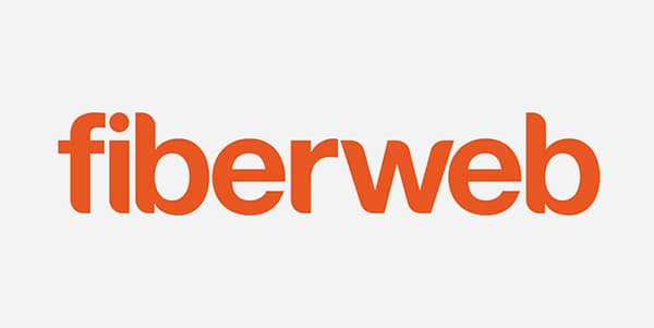 The image showcases the word fiberweb in bold, orange lowercase letters against a light gray background, highlighting its dual functionality.