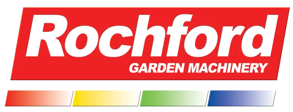 The image displays the Rochford Garden Machinery logo, prominently featuring "Rochford" in large white letters against a red backdrop. Below, "Garden Machinery" appears in smaller white text. A gradient bar transitions from red to blue at the bottom, adding a dynamic touch.